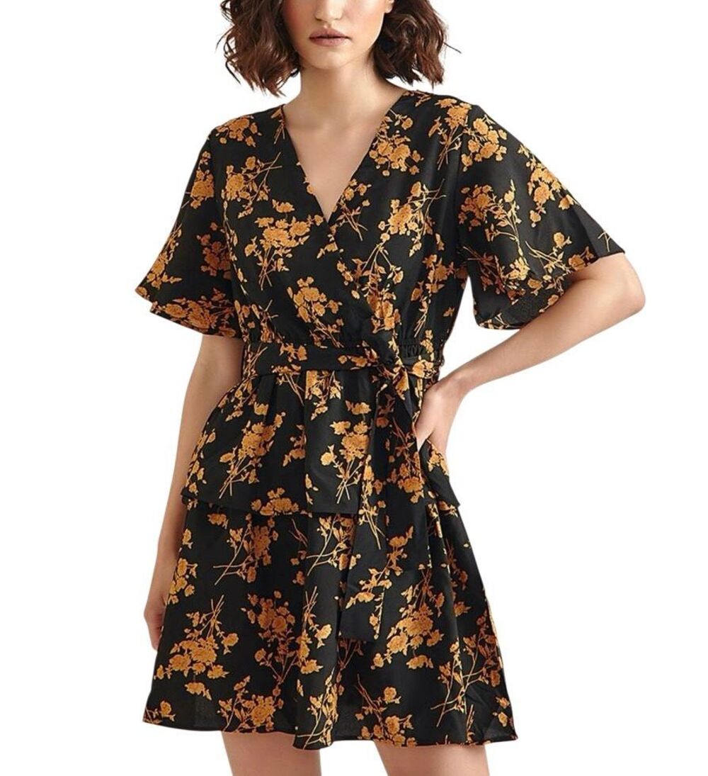 NWT Gold & Black Floral V-Neck Mini Wrap Dress Medium